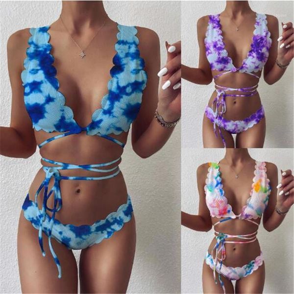 

tie-dye bikini 2021 women swimwear push up swimsuit print swimming suit bandage summer bathing female set women's, White;black