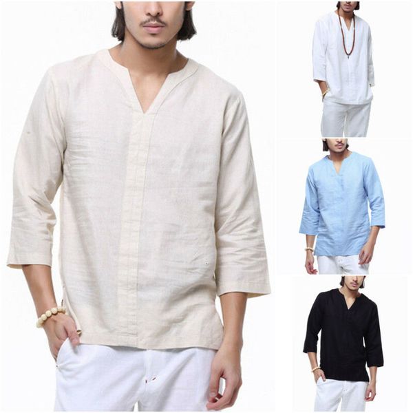 

summer men cotton linen pullover soild color tee 3/4 sleeve v neck casual loose t shirt, White;black