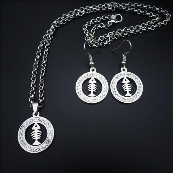 

earrings & necklace fish bone stainless steel jewelry set clay inlaid white rhinestone for women girls, Silver