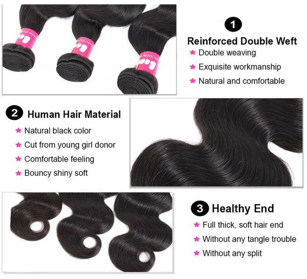 30 pollch Wave Body Human Hair 4 Bundle Tracciano i capelli indiani Weave GaGAqueen Natural Black 3pcs/Lot