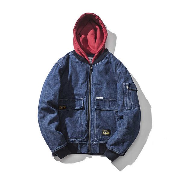 

winter thickened denim jacket men japanese style streetwear casual warm hooded bomber jacket coat cotton padded clothing male 210603, Black