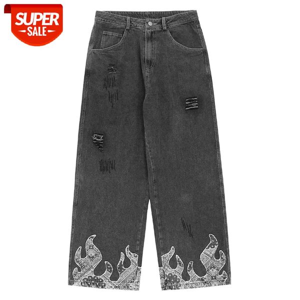

2021 Hip Hop Pants Man Women Streetwear Fire Flame Print Men Trousers Harajuku Ripped Hole Oversized Joggers Pants Jeans Black #bn46, Blue