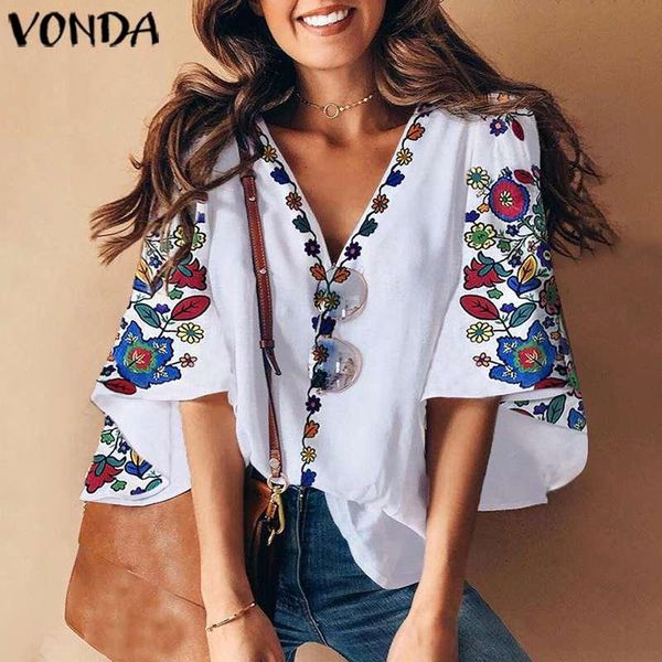 

vonda women floral print blouse v neck party shirts 2021 summer tunic beach office ladies casual blusas plus size, White