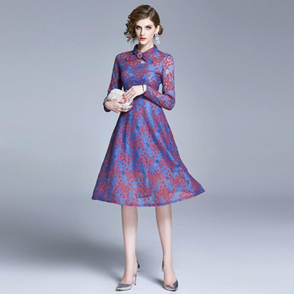 

casual dresses women lace dress autumn elegant embroidery long sleeves waist female leisure party, Black;gray