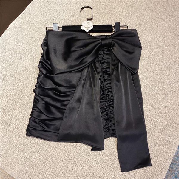 

high waist folds bow satin skirt women black fashion elegant short skirts womens 2021 spring new arrival
