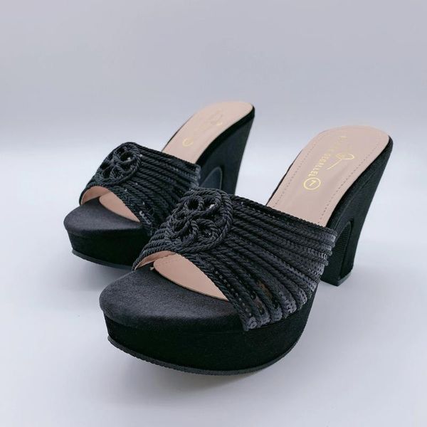 

dress shoes 2021 women summer square toe slides weave open slipper leisure sandal female mules heels slippers, Black