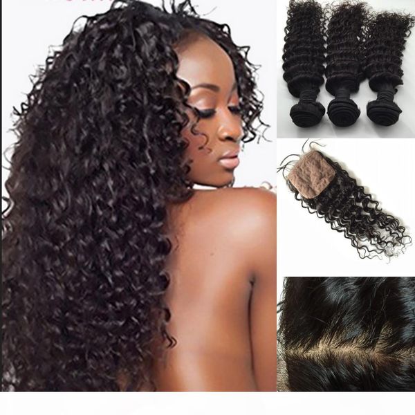 

brazilian silk closure with 3 bundles brazilian deep wave virgin hair, Black