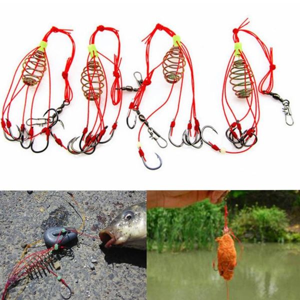 

fishing hooks 4 pcs/lot explosion lure bait trap feeder cage sharp hook with stainless steel spring tool