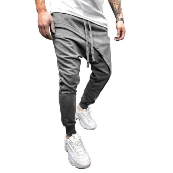

men's pants sporty men solid color drawstring asymmetric double layer long running clothing 2021, Black