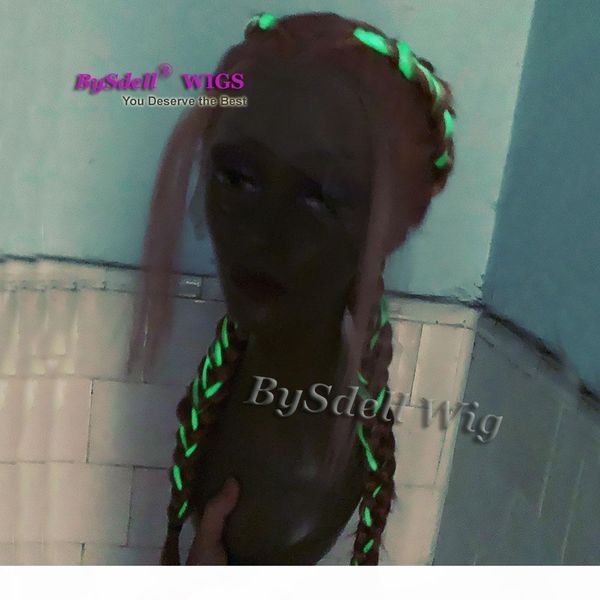 

african american double braid hairstyle wig ash pink highlight night light blue color braids hair clueless lace front wigs with baby hair, Black