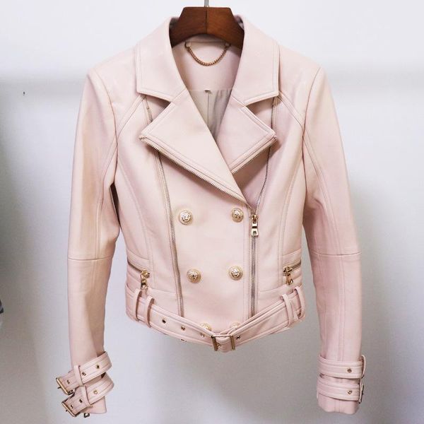

motorcycle pink pu leather jacket womens 2021 autumn winter female short jackets coat classic double zipper jackets high quality, White;black