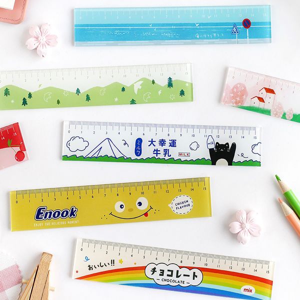 

15cm creative kawaii study time color ruler multifunctional character rulers for kids students office school paper delivery new