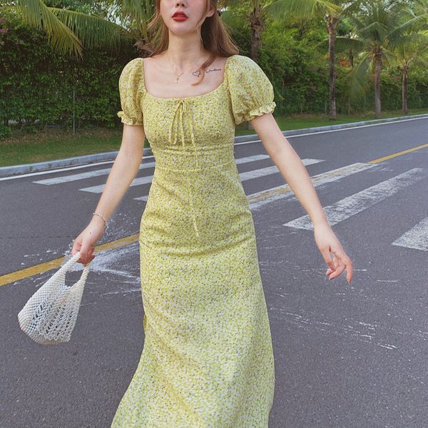 

summer vintage french floral yellow holiday dressed as manga puff slit waii dress korean kawaii fashion 8wgm, Black;gray