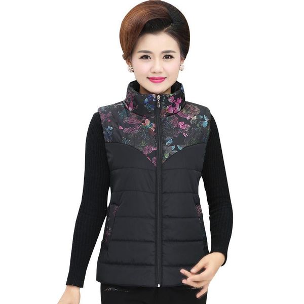 

women's vests women winter middle-aged elderly mothers short printed vest jacket cotton padded sleeveless female waistcoat, Black;white