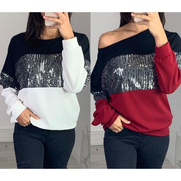 

women stripe sequined round neck long sleeve blouse patchwork am1549, White