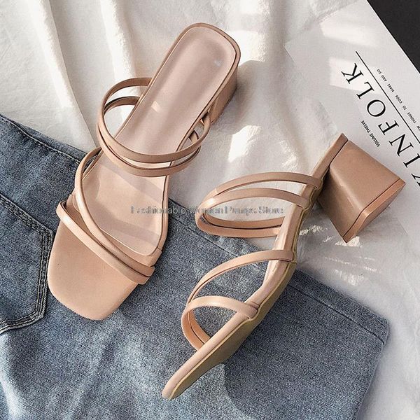 

slippers summer slipper women two-ways wear shoes band slides thick heel female 2021 woman sandals big size 35-42 ladies, Black