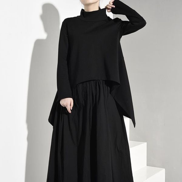 

eam] 2021 new spring autumn high collar long sleeve black irregular hem loose big size sweatshirt women fashion tide jk3970