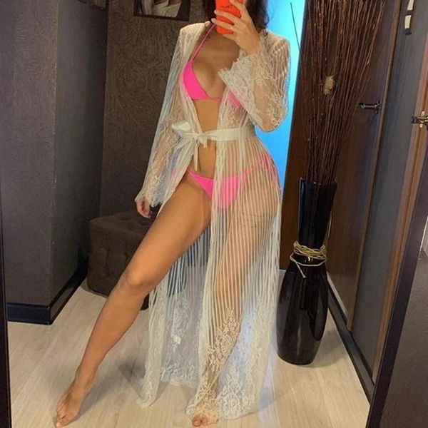 

women's swimwear women floral lace bikini cover up ladies long sleeve striped see through wrap robe sleepwear cardigan nightgown, White;black