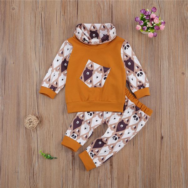 

0-24m newborn kid baby boy girl clothes set long sleeve turtleneck pant suit bear cartoon infant clothing cute sweet outfit, White
