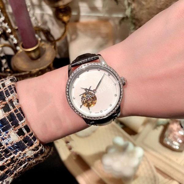 

wristwatches arrival ballerina dancer watch automatic mechanical girls genuine leather clock zircon tourbillon ballet dancing, Slivery;brown