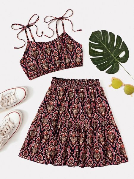 

tie shoulder paisley print cami and shirred waist skirt set a0lh#, White