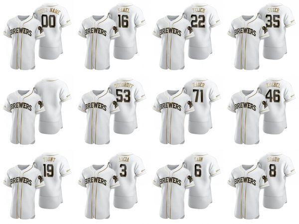 

milwaukee brewers men #22 christian yelich 46 corey knebel 6 lorenzo cain custom women youth white authentic golden edition jersey, Blue;black