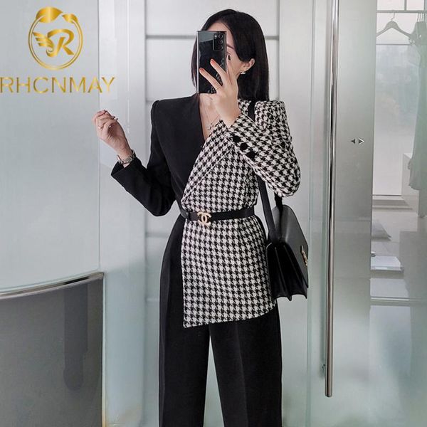 

women's jumpsuits & rompers 2021 winter korean ol fashion temperament slim splicing thousand bird lattice tailored collar jumpsuit, Black;white