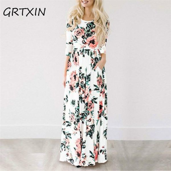 

casual dresses summer long dress floral print boho beach tunic maxi women evening party sundress vestidos de festa xxxl, Black;gray