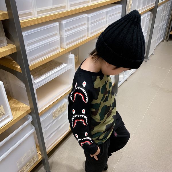 

and brand children's new t-shirt girls fashion ape home camouflage color matching shark long sleeve boys cloth, Black;white