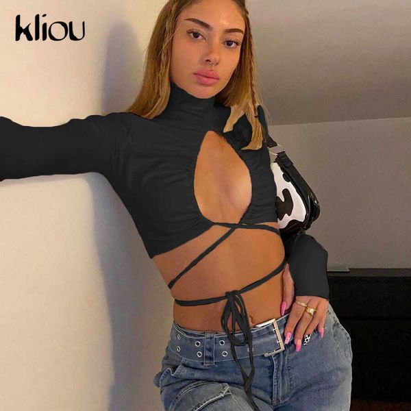 Kliou Bandage Hollow Out Hot Sexy Cross Top Женщины Turtleneck Сплошная уличная одежда Тонкие футболки Clubwear Clubwear Bodycon Skinny Tees X0628