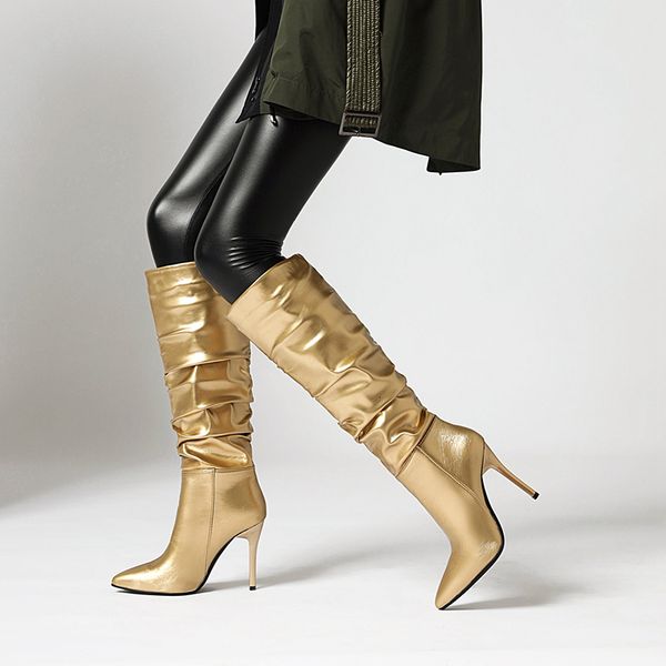 

2021 new sier gold knee women pleated pointed toe thin high heels dres party shoes autumn winter long boots woman c8lg, Black