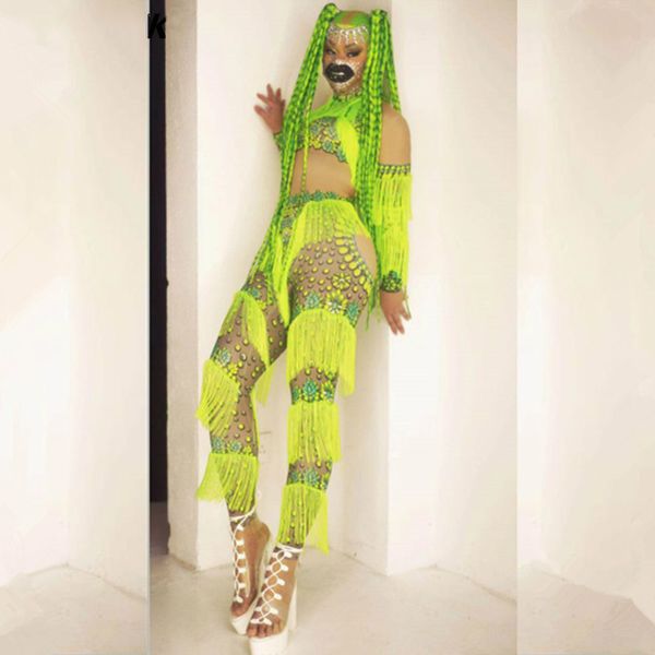 

fluorescent green tassel stretch print spandex jumpsuit women singer dancer stage performance fringe leotard dance costume, Black;red