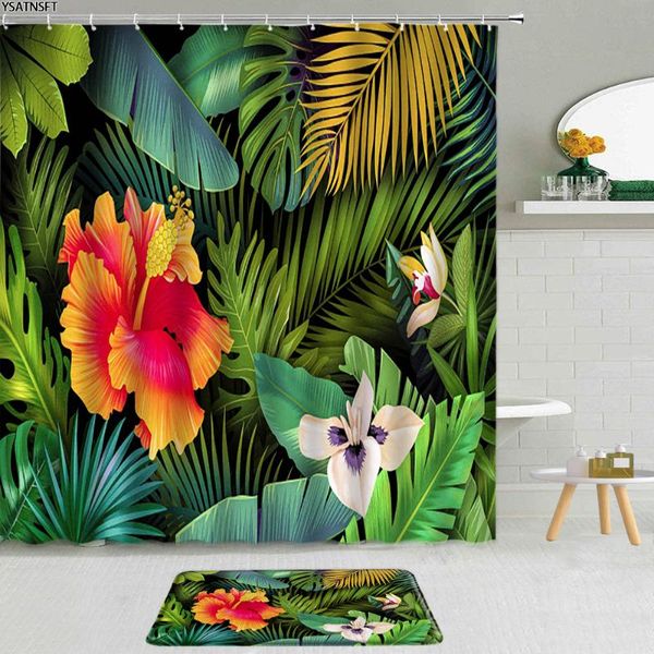 

shower curtains 2pcs tropical plant curtain palm leaf flower flamingo monstera forest fabric non-slip bath mat cloth bathroom se