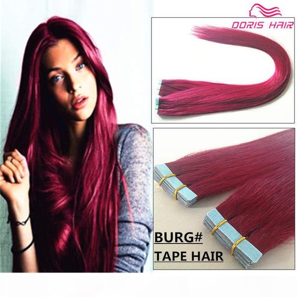 

50% off dhl # burg tape hair extensions 7a remy hair 40pcs lot tangle indian mongolian burgundy tape in human hair extension, Black