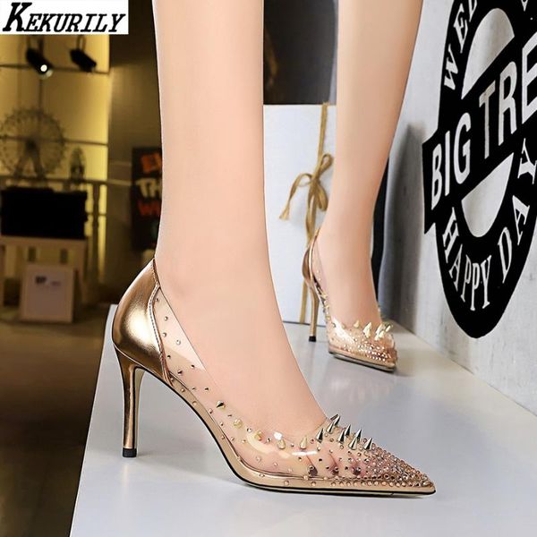 

clear pumps women high heels shoes rivet slip on slides pointed toe heel shoes patchwork zapatos de mujer silver gold black
