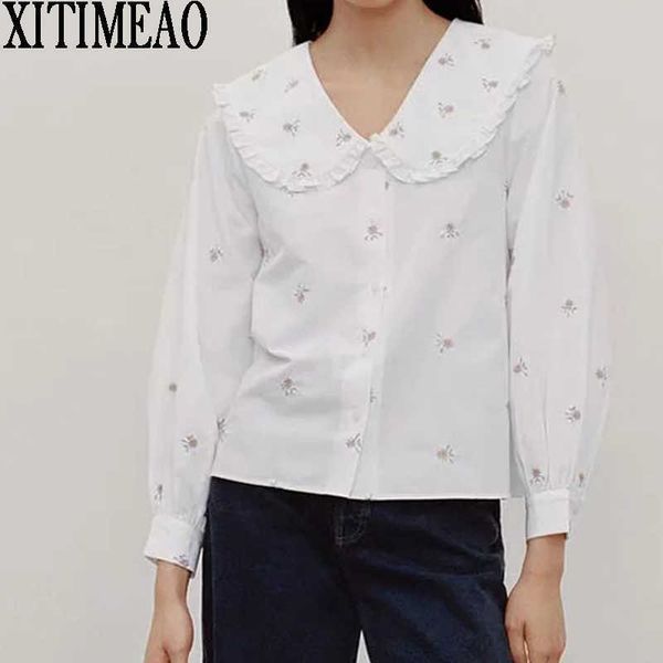 

za spring autumn casual shirt long sleeve women sweet flower embroidered elegant lady button chic 210604, White