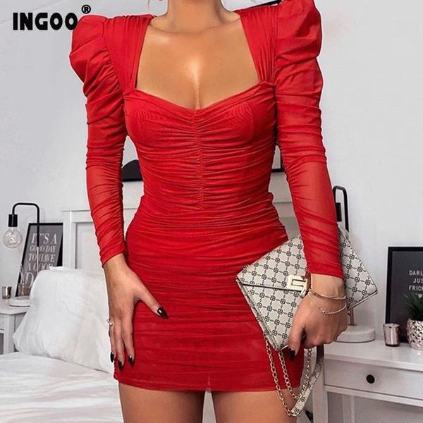 

casual dresses ingoo 2021 slash neck bandage mini dress women spring long puff sleeve club outfits party night mesh ruched bodycon, Black;gray