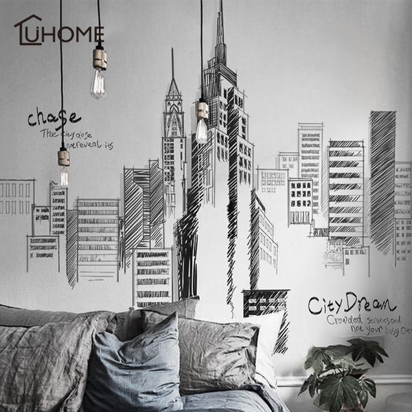 Schwarze Retro große hohe Stadtgebäude Set Wandaufkleber PVC DIY Wandbild Kunst für Wohnzimmer Sofa Dekoration Hintergrund Aufkleber 3Größe 210308