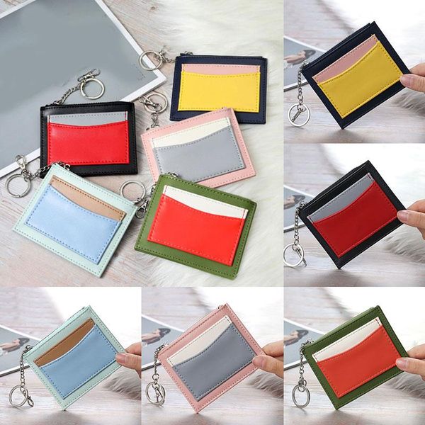 

card holders 1pc women wallet pouch pu leather patchwork thin id holder with key chain business protector 2021, Brown;gray