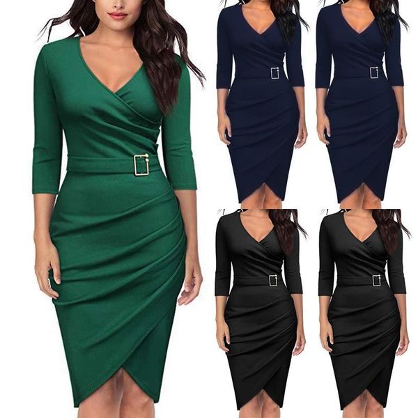 

casual dresses office lady fashion women solid dress v-neck pleated party skinny vestidos mujer verano 2021 vestido de, Black;gray
