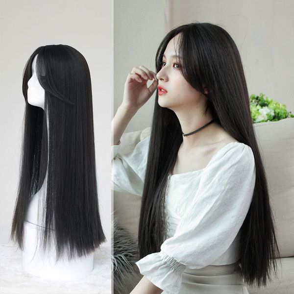 

synthetic wigs lanlan high temperature silk long straight hair female korean version with bangs black/brown temperament wig