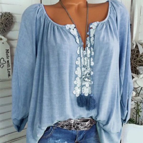 

2021 new spring v-neck long sleeve shirt women solid blouses lace patchwork blouse female plus ahd2, Black