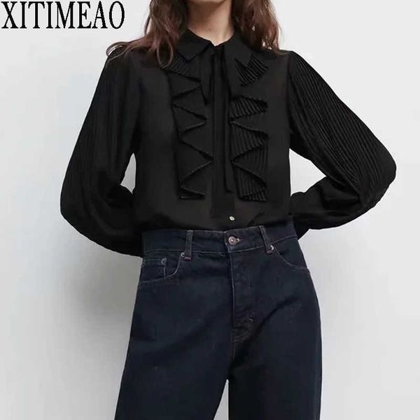 

za fashion retro black lapel blouse women elegant loose long sleeve chiffon perspective shirt casual chic 210602, White