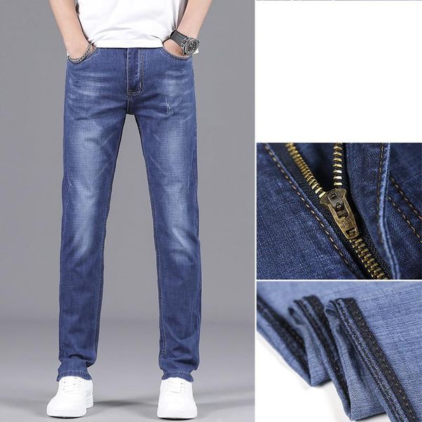 

brand stretch casual pants baggy trousers male spring summer high waist men's jeans straight slim thin jeans for men clothing, Blue