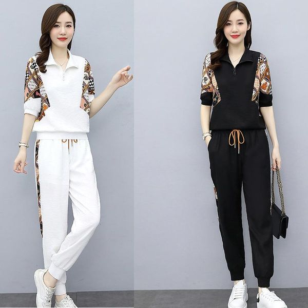 

women's two piece pants shzq ladies casual suit 2021 summer trousers short sleeve fashion sports two-piece, White