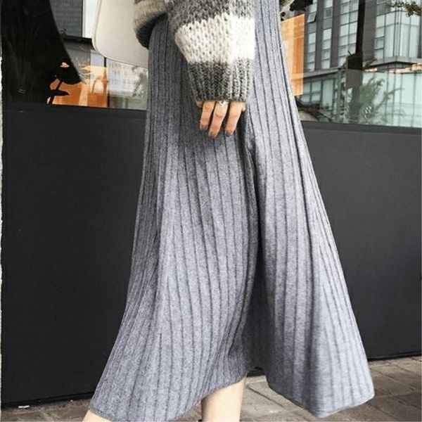 

skirts 2021 autumn winter women long knitted skirt high waist pleated knit sweater elegant spodnica ropa mujer student, Black