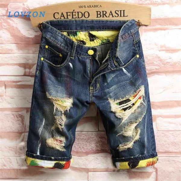 

lovzon men's holes denim shorts men knee length short jeans fashion male straight casual 210716, White;black