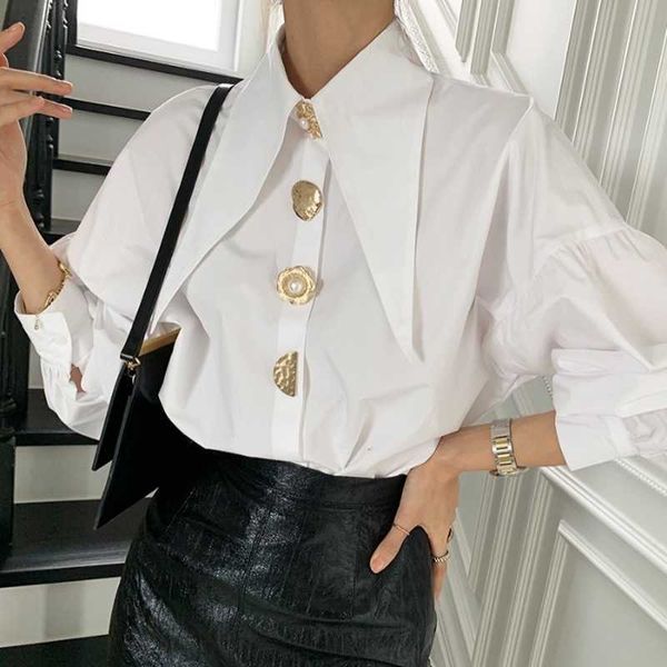 

neploe turn down collar lantern long sleeve blouse women work style ol simple solid blusas spring loose shirt femme 210706, White