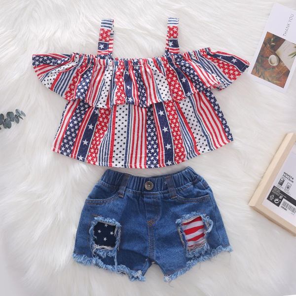 

clothing sets children star striped suspender fleece denim pierced shorts for girls 3-8 years old clothes set, White