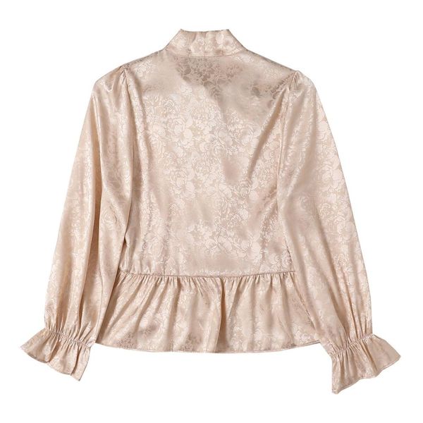 

tie bow deep v neck khaki ruffles ruched glossy jacquard satin shirt woman single-breasted long sleeve blouse blousas, White